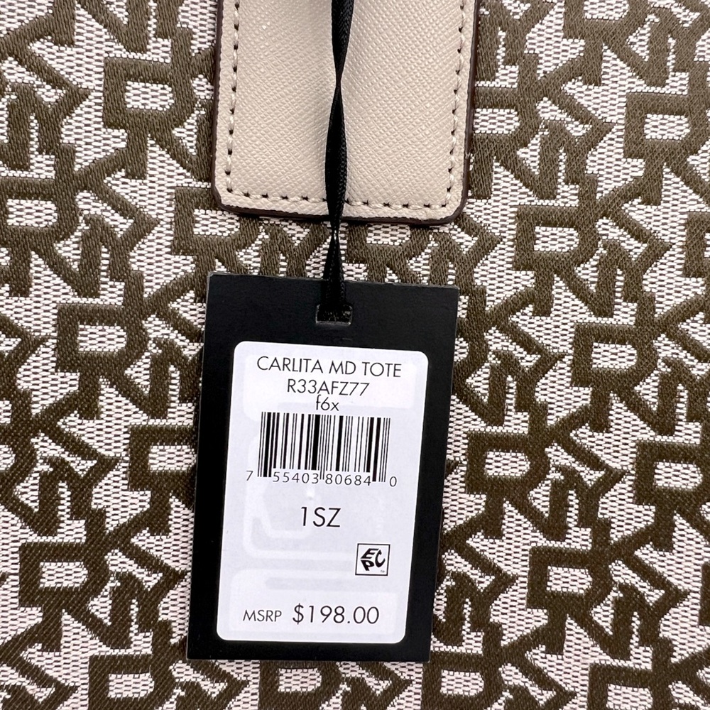 DKNY “CARLITA MD TOTE” BAG, BEIGE WITH BROWN LOGO ALL OVER WITH SHOULDER STRAP - Picture 11 of 16
